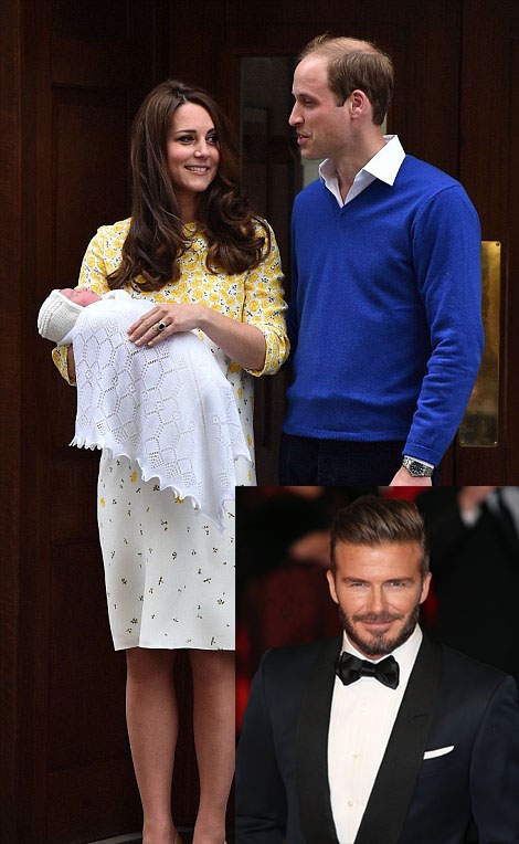William and Kate with new princess, Inset: David Beckham