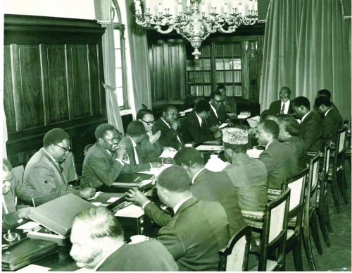Jomo Kenyatta chairing a Cabinet meeting in 1966